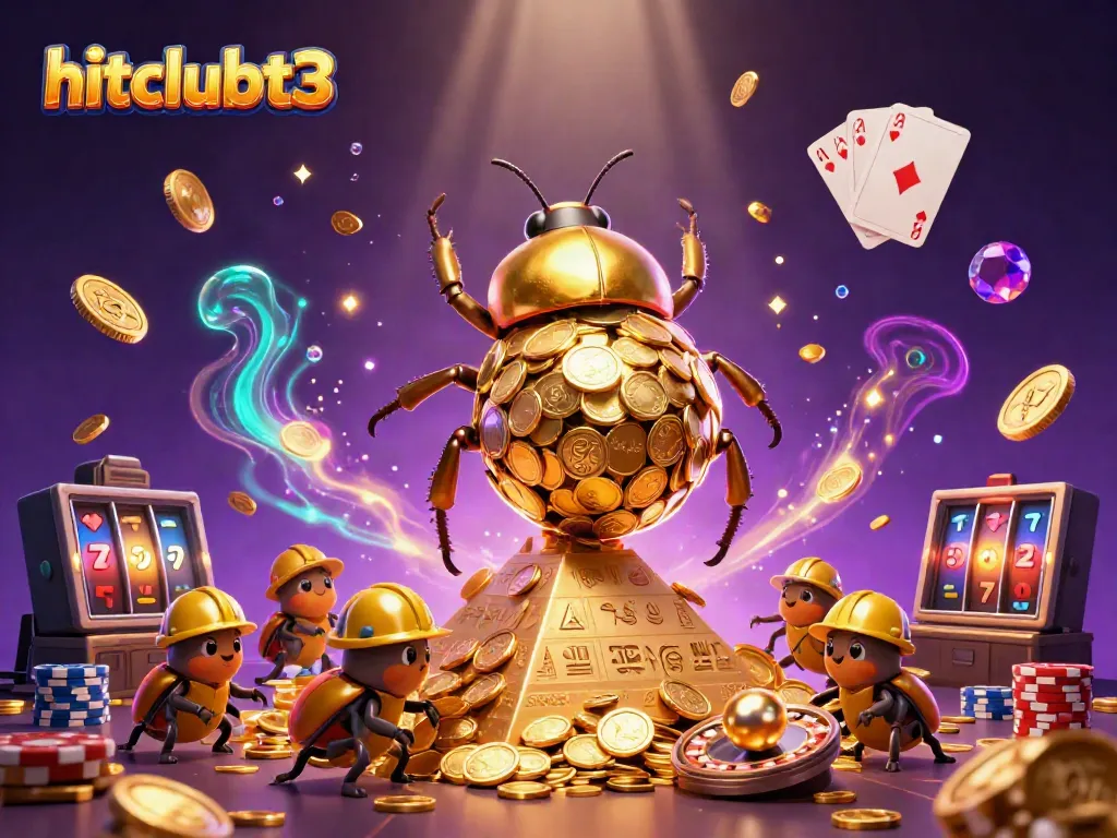 Experience hitclubt3's vibrant casino action with golden coins, beetles, and thrilling symbols in a dynamic scene.