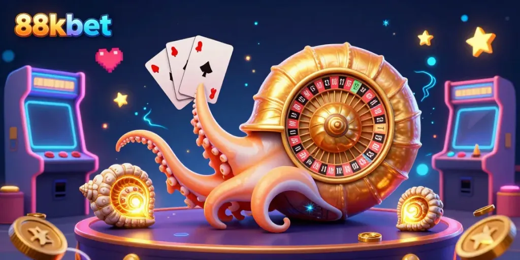 Experience lively casino action with 88kbet's vibrant 3D illustration featuring a giant nautilus roulette wheel.