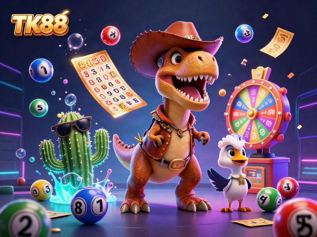 Engage with thrilling TK88 lottery and bingo gaming, highlighted by colorful elements and dynamic characters.