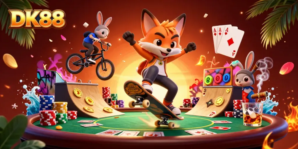 Experience the excitement of DK88 with a vibrant scene of a skateboarding fox and BMX rabbit at a casino.