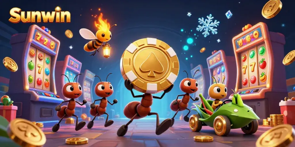 Sunwin represents a thrilling casino heist with ants stealing a giant poker chip in an animated illustration.