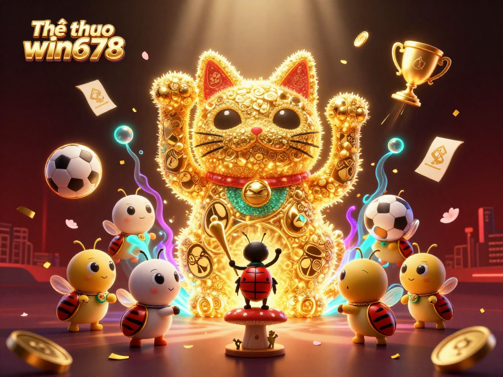 Bet on Thể thao win678 with an energetic scene of a lucky cat and sports symbols.