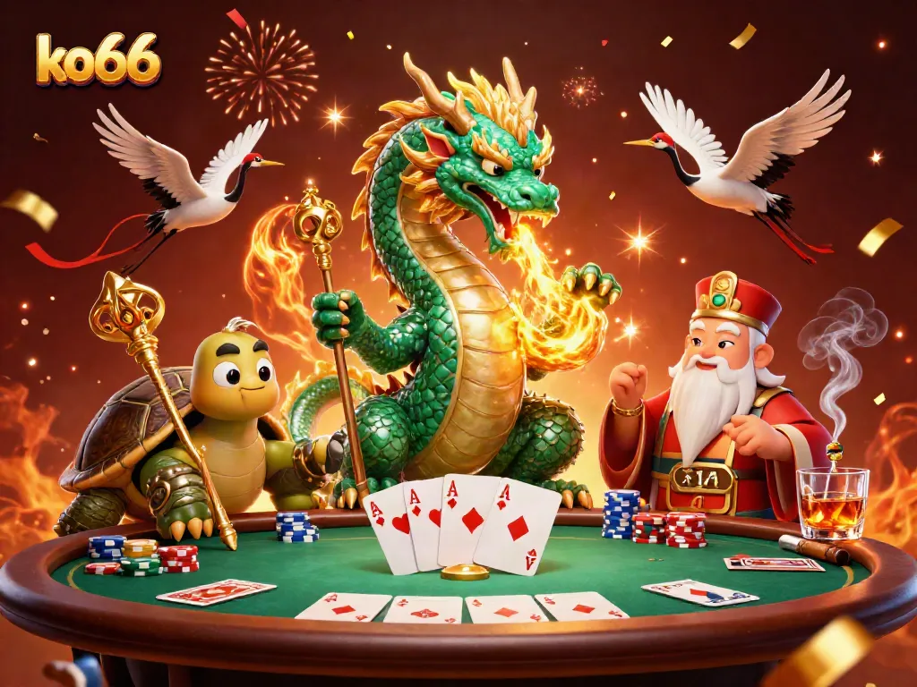 Experience thrilling moments at ko66 with dragons, poker chips, and vibrant casino elements.