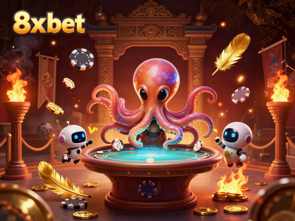 Experience the excitement of poker with 8x bet in a cosmic showdown illustration featuring an alien octopus.