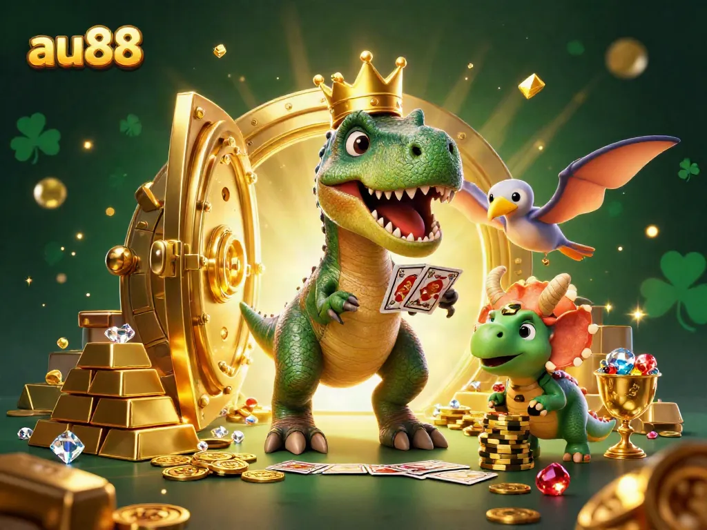Join the fun with au88 as a T-Rex shuffles cards, surrounded by riches and vibrant casino elements.