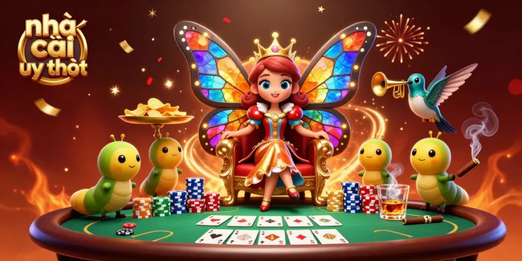 Engage with the vibrant world of Nhà cái uy tín featuring a butterfly queen amidst sparkling poker elements.