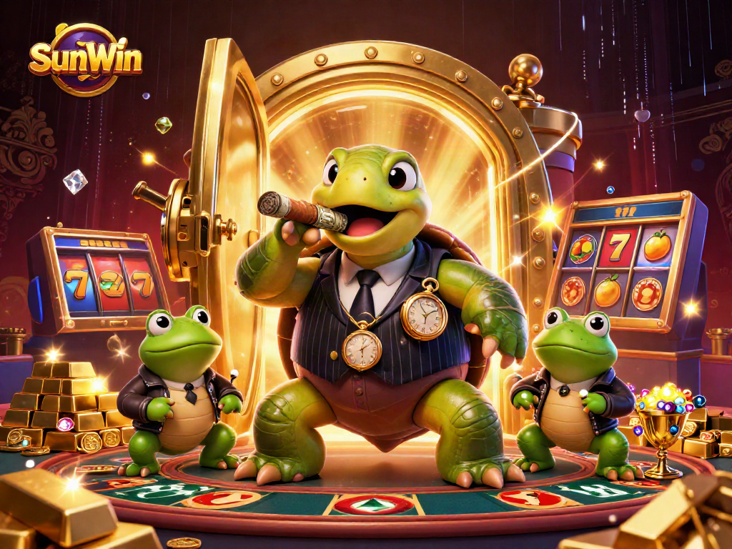 Experience the thrill of SunWin with vibrant casino action featuring a snapping turtle in a mobster suit.