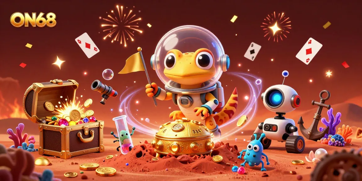 Engage with ON68's casino adventures featuring a retro Martian gecko and alien excitement amidst gold treasures.