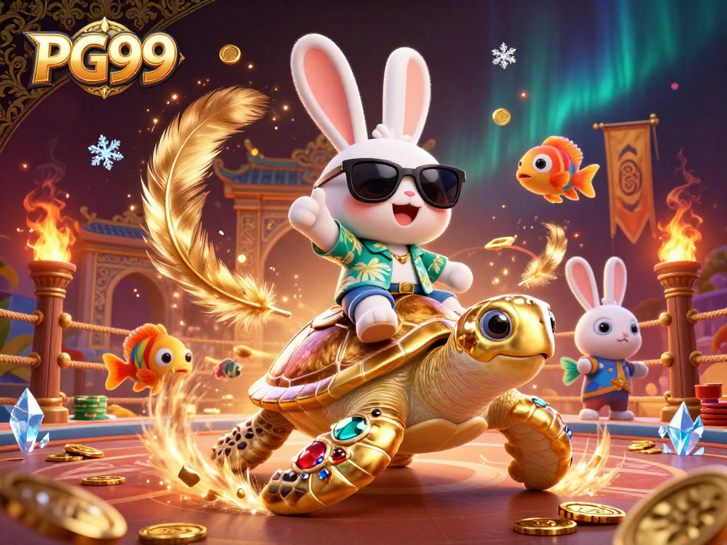 Engage with PG99's vibrant casino scene featuring a lucky rabbit and golden sea turtle amidst dynamic elements.