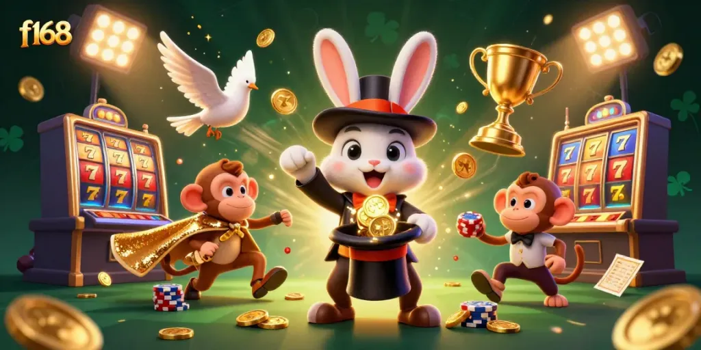 Win big with f168's captivating casino scene featuring mythical characters and vibrant slot elements.