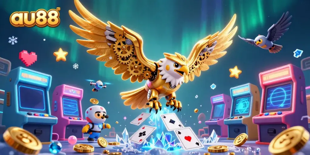 Experience thrilling wins at au88 with a cybernetic eagle soaring through colorful casino elements.