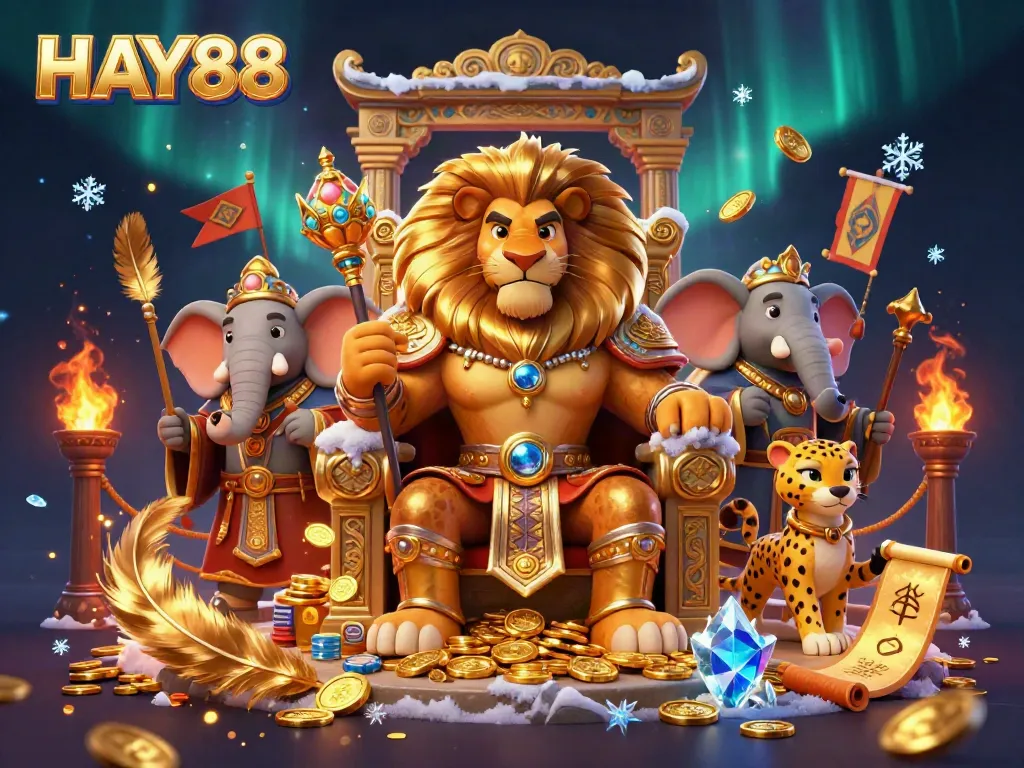 Experience the vibrant world of HAY88 as a fierce lion king reigns over a treasure-laden casino throne.