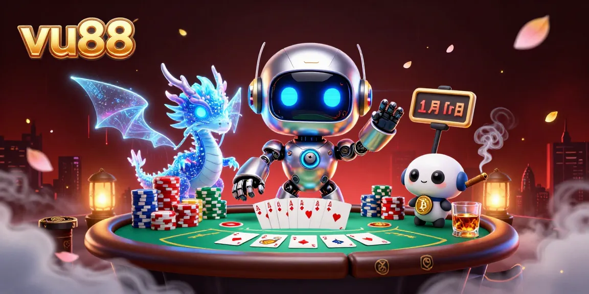 Experience thrilling poker action with vu88's cyberpunk robot, dragon, and bitcoin drone in a vibrant casino scene.