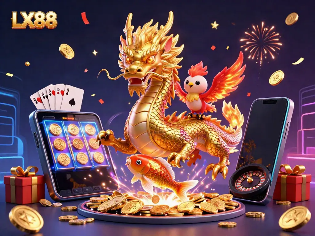 Experience excitement at LX88 with games and vibrant casino elements in a magical scene.