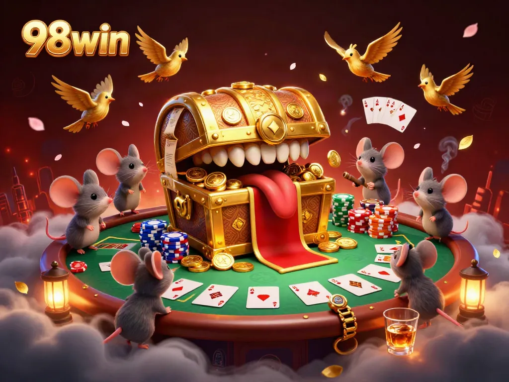 Explore the thrilling world of 98win with vibrant casino elements and inviting adventure in this dynamic illustration.