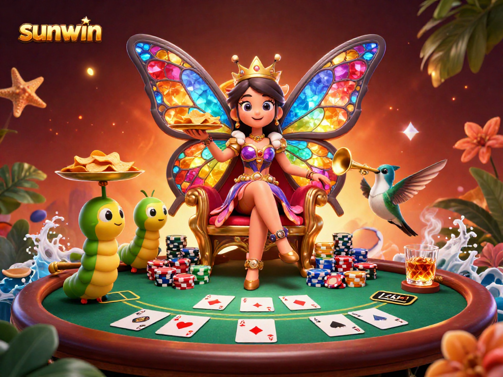 Experience exciting gameplay with sunwin's vibrant gaming illustration featuring a butterfly queen and poker elements.