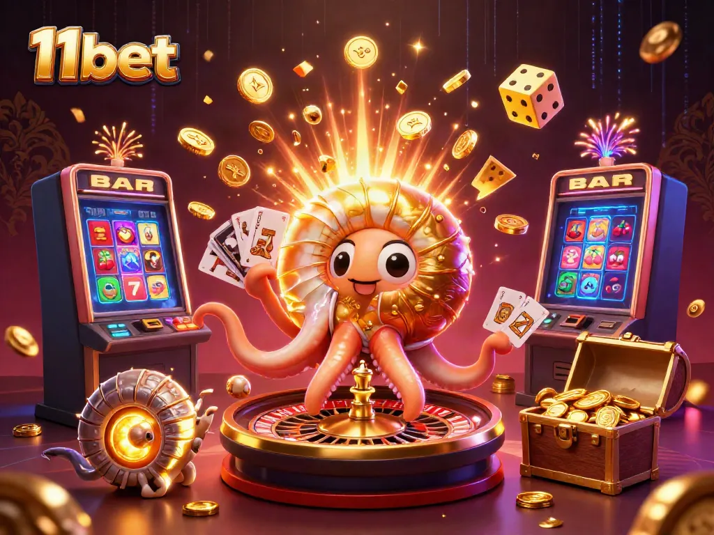 Experience the thrill of 11bet with a vivid 3D illustration of casino games and jackpots.