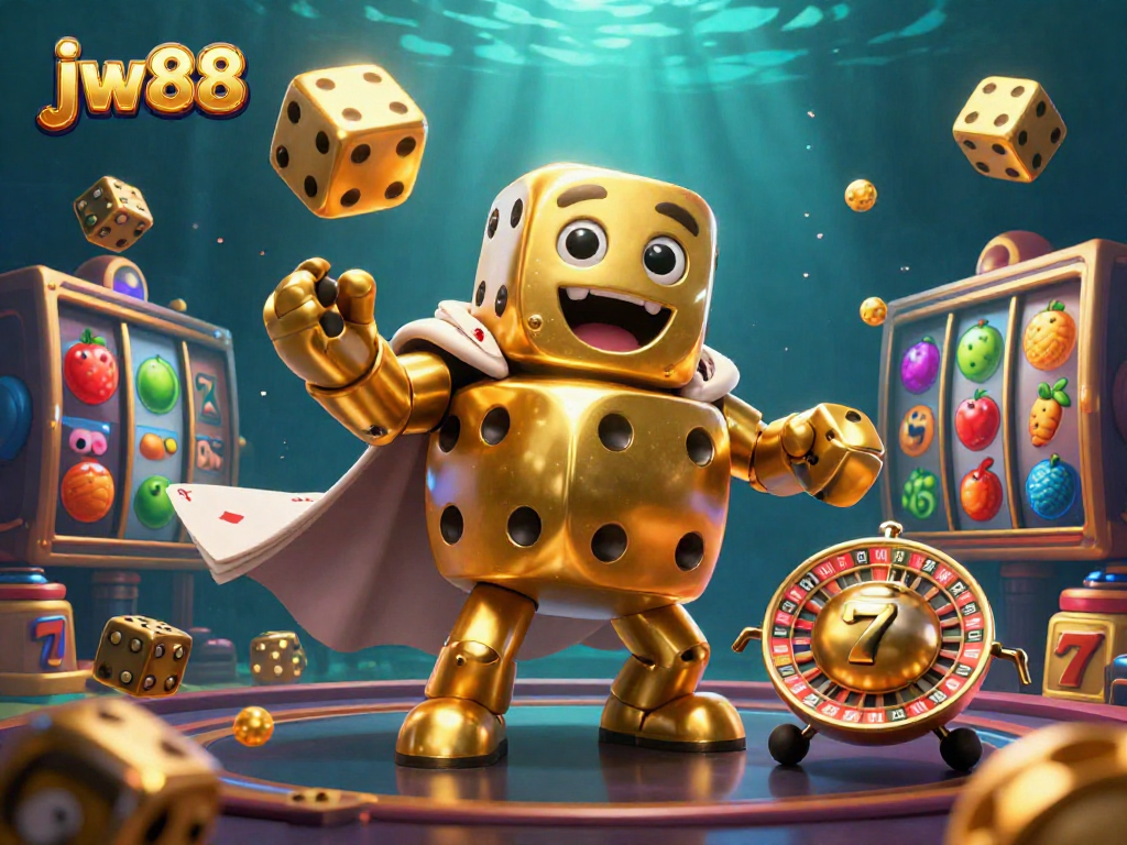 Experience the thrill of jw88 with an energetic casino scene featuring a golden dice golem and vibrant slot elements.