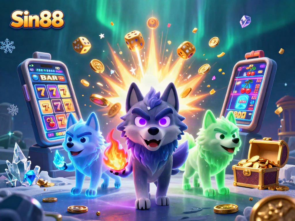 Experience the thrill of Sin88 with a dynamic casino scene featuring ghostly wolves and a jackpot!