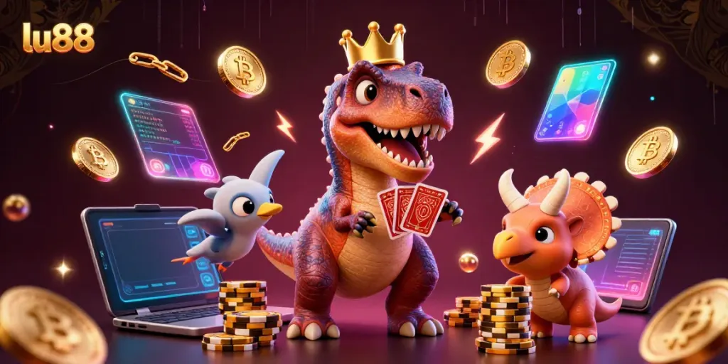 lu88 showcases a vibrant 3D casino environment with playful characters engaging in card games and stacking chips.