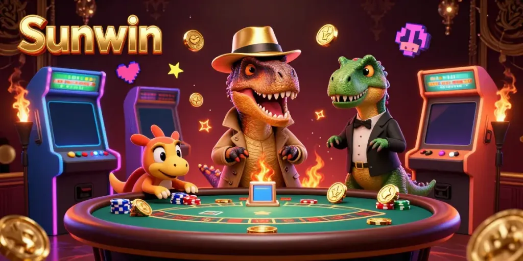 Experience the thrill of Sunwin with a playful 3D scene featuring a velociraptor at a blackjack table amidst vibrant casino elements.