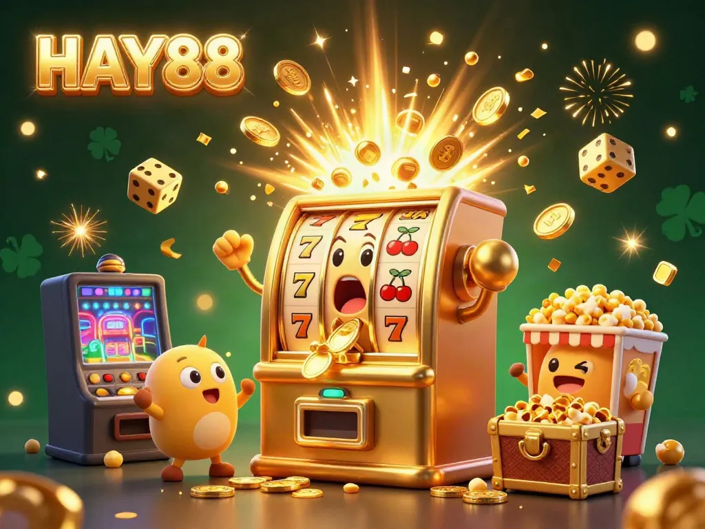 Experience HAY88's exciting jackpot with vibrant slot machines and fun characters celebrating in a dynamic casino scene.