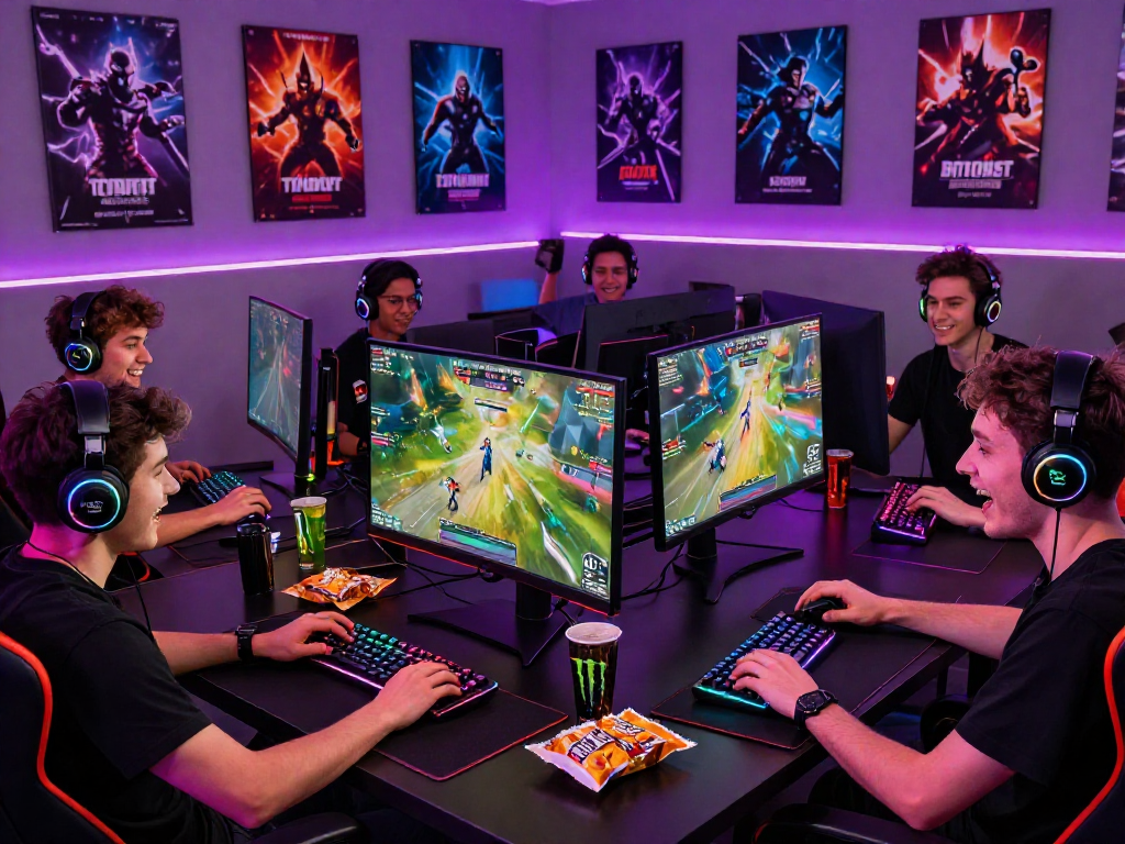 KOMBET168 gaming setup with colorful RGB gear and enthusiastic players enjoying multiplayer action.