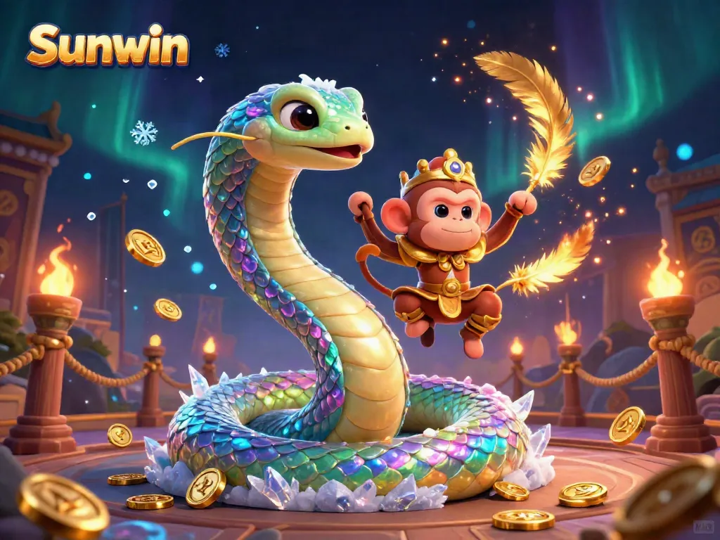 Join the thrilling world of Sunwin with a vibrant scene featuring a rainbow serpent and monkey king amidst casino elements.