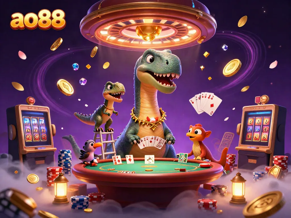 Experience the ao88 casino excitement with a towering brontosaurus and clever raptor in a dynamic, colorful scene.
