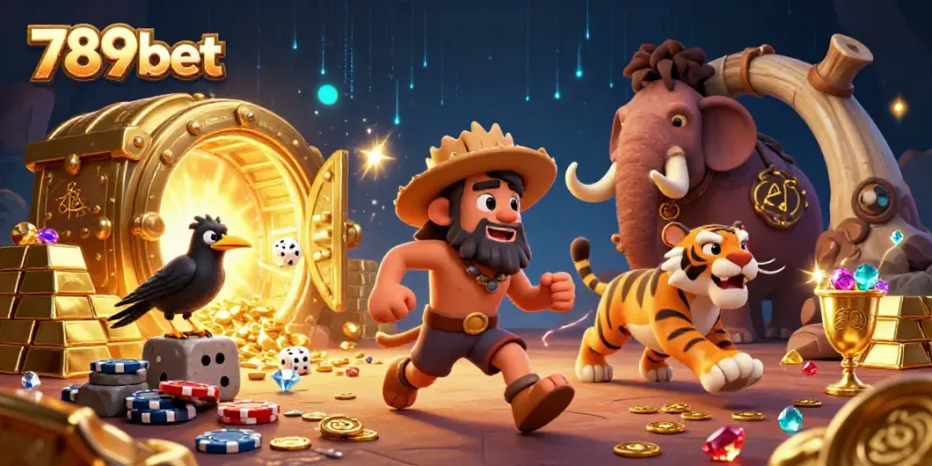 Engage in thrilling gaming action with 789bet in an extraordinary prehistoric casino scene filled with treasure and excitement.