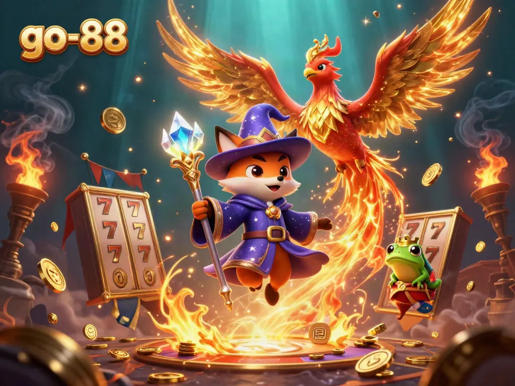 Experience the thrilling atmosphere of go-88 with a magical wizard fox and phoenix in a vibrant casino.