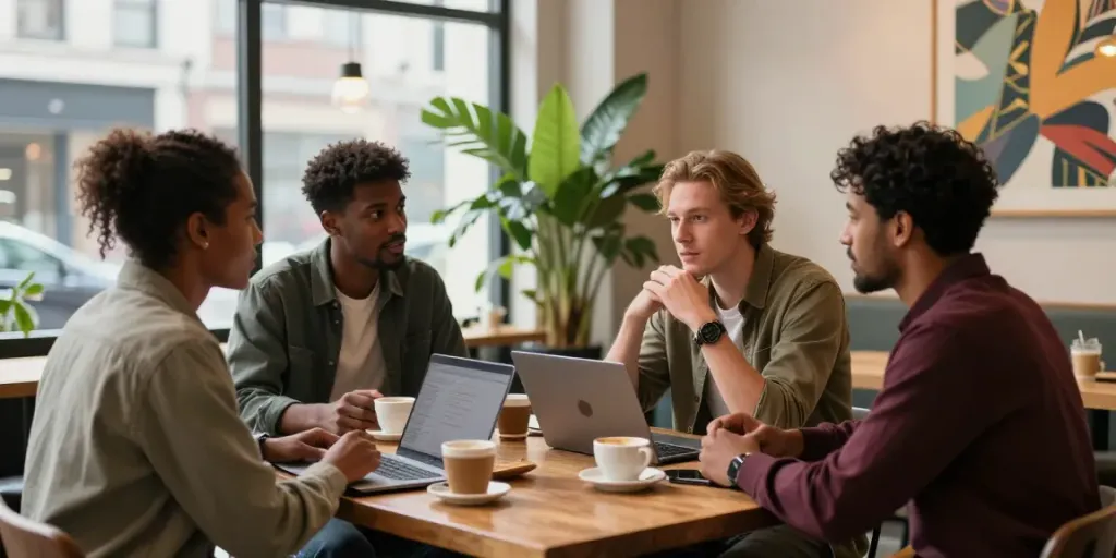 Men mastering social dynamics through confident conversations in an urban cafe.