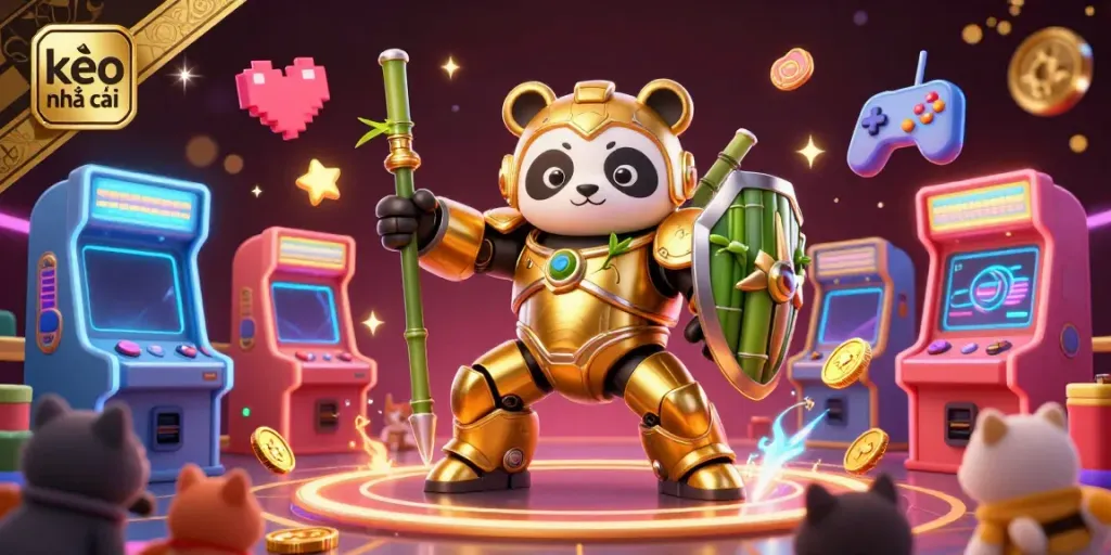 Engage in kèo nhà cái with vibrant arcade visuals featuring a golden panda mech in action.