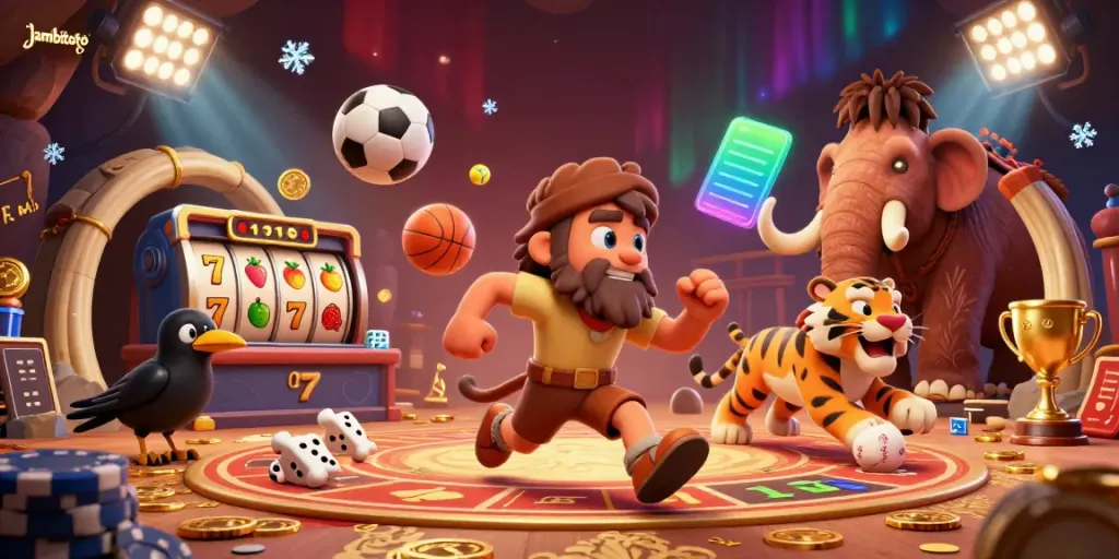 Engage with jambitoto as prehistoric characters run a colorful casino with dynamic game elements.