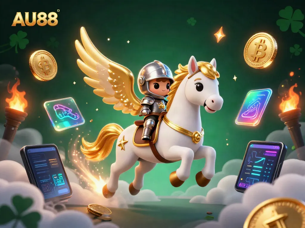 Engage in thrilling gaming at AU88 with a knight and celestial horse surrounded by crypto elements.
