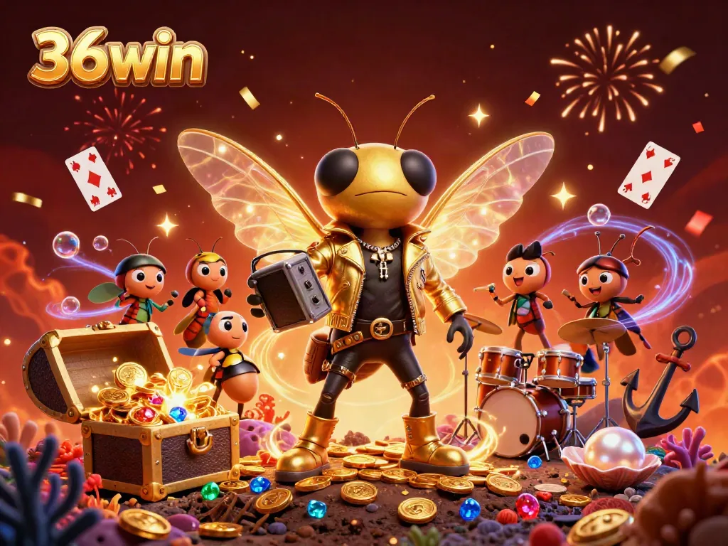 Experience the vibrant excitement of 36win with a unique cartoon casino scene featuring a rock star cicada and colorful gems.
