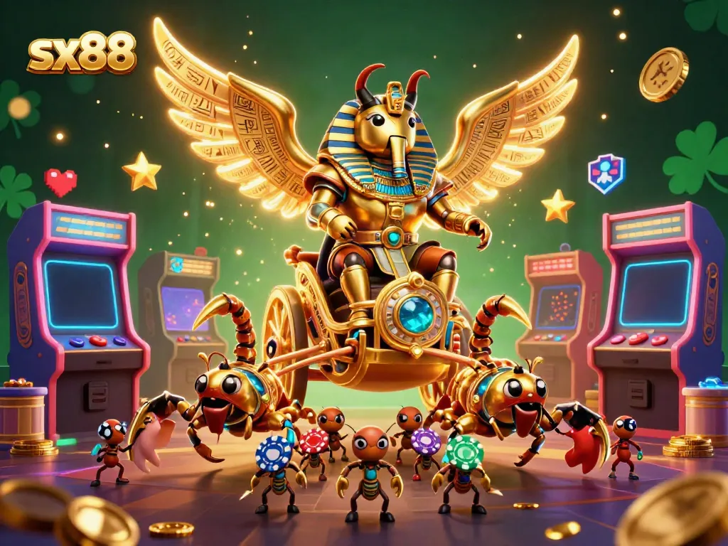 Experience thrilling action at sx88 with a golden beetle, scorpions, and vibrant casino elements.