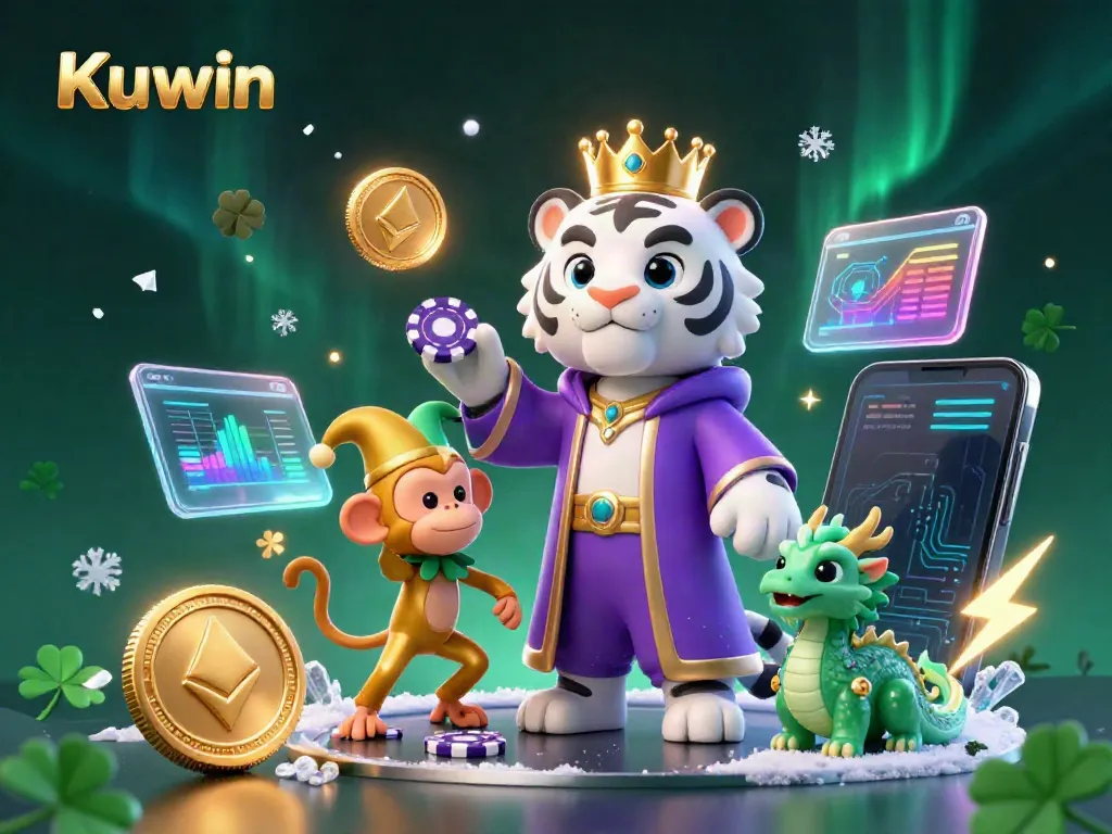 Kuwin online casino with a royal white tiger, golden monkey juggling chips, and vibrant crypto elements.