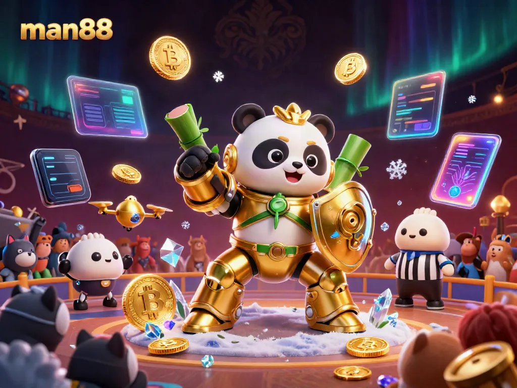 Engage with man88 – a lively 3D casino universe featuring an animated golden panda in a mech suit amidst coins and digital assets.