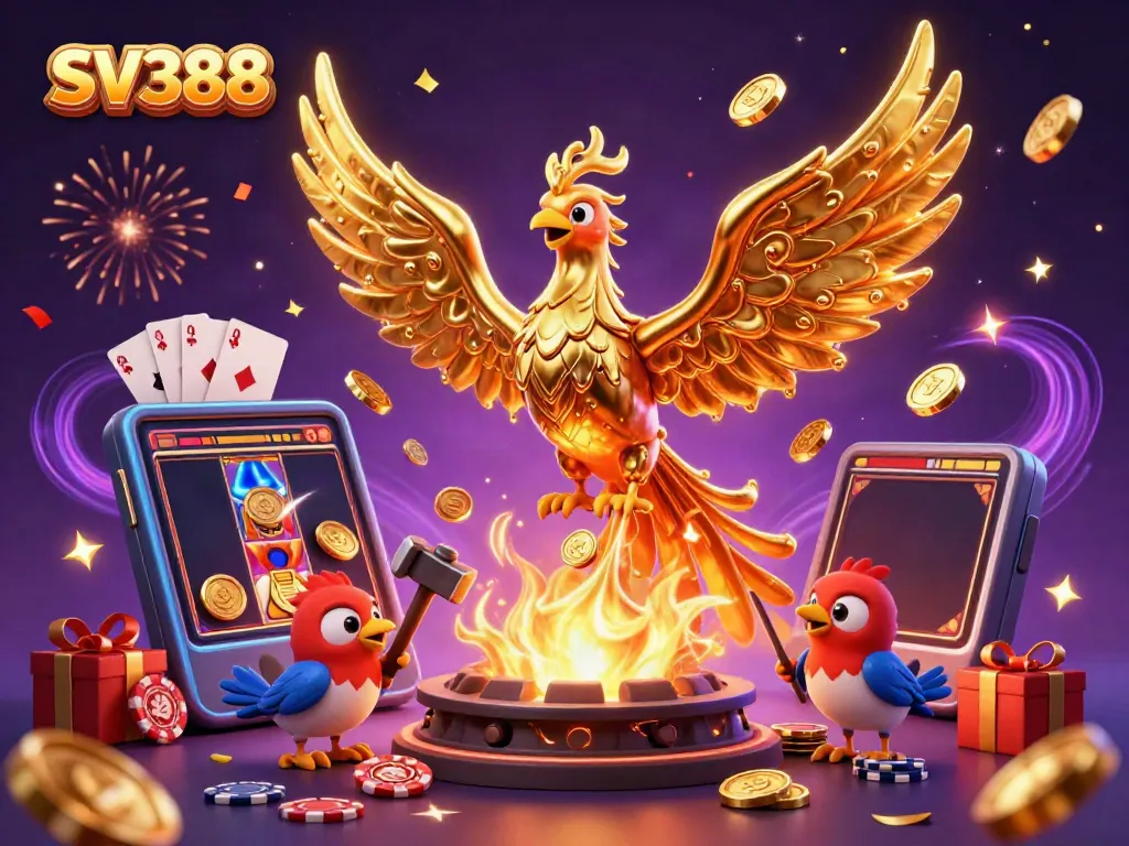 SV388 showcases a vibrant casino atmosphere with a molten phoenix and energetic gaming elements.