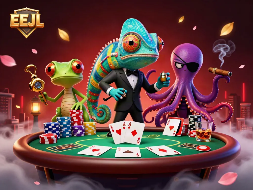 Experience EEJL excitement with vibrant characters at a classic poker table.