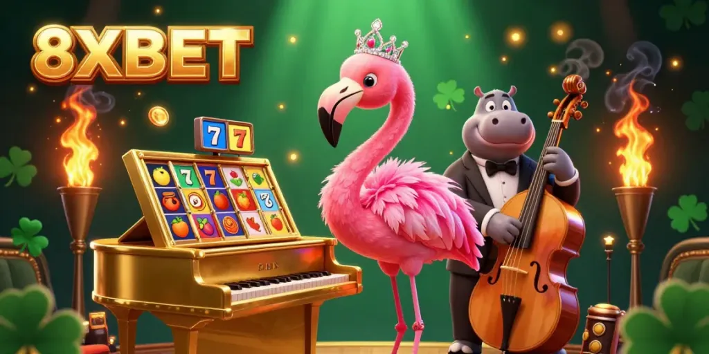 Engage with 8XBET at a vibrant casino scene featuring a flamingo singer, a hippo bassist, and dynamic slot elements.