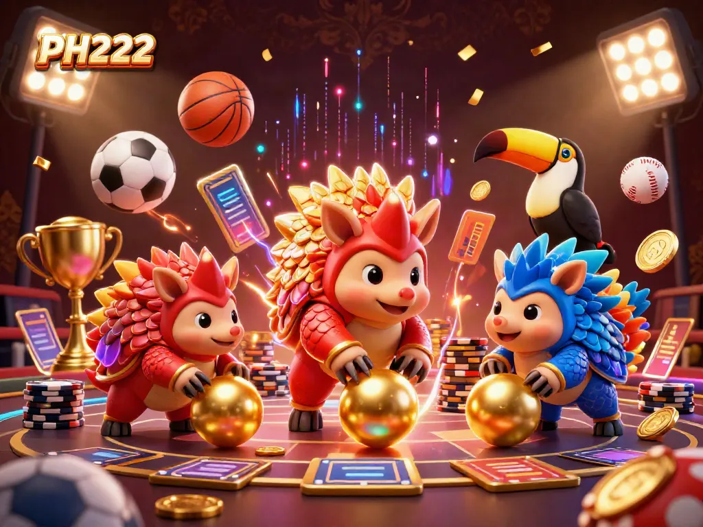 PH222 showcases a vibrant casino scene with rival pangolins rolling golden balls and poker chips.