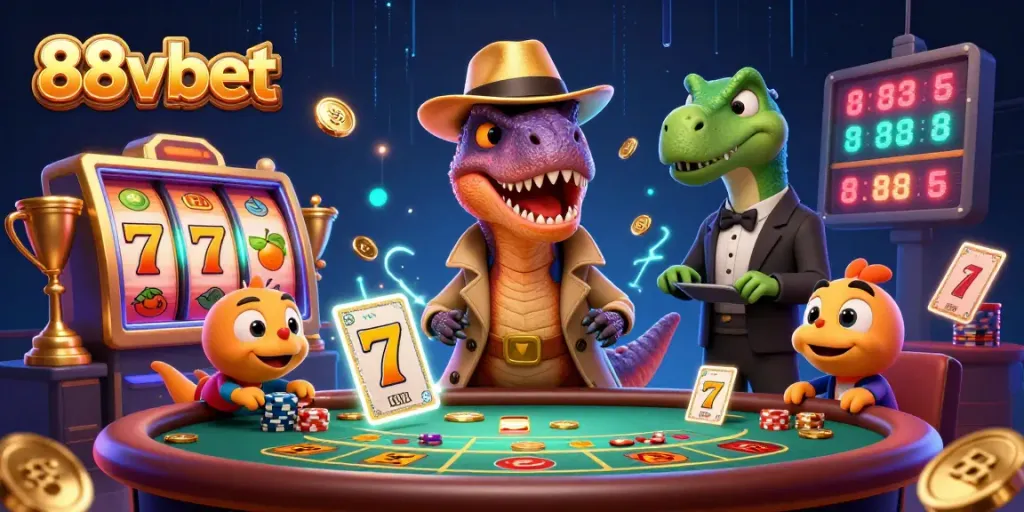 Experience thrilling casino action with 88vbet featuring a velociraptor card counter in a vibrant scene.