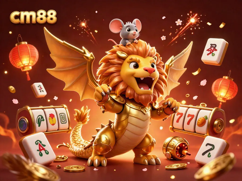 Experience cm88's thrilling gaming atmosphere with a golden chimera and vibrant casino elements.