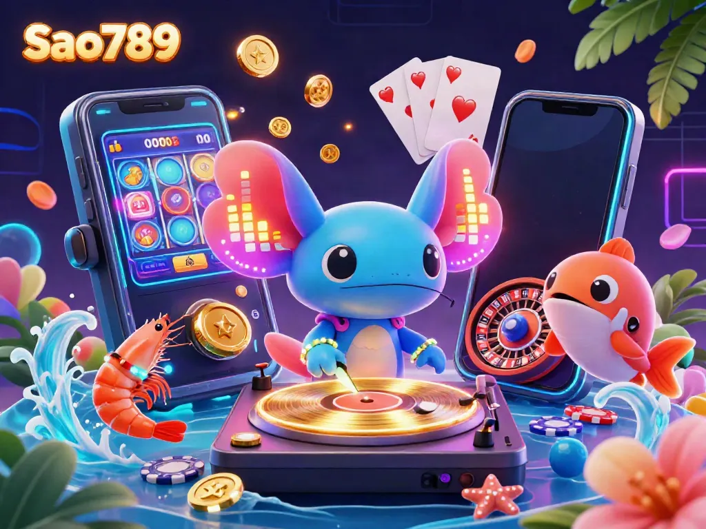 Sao789 vibrant casino scene with a neon axolotl DJ and dancing shrimp, featuring engaging slot game elements.