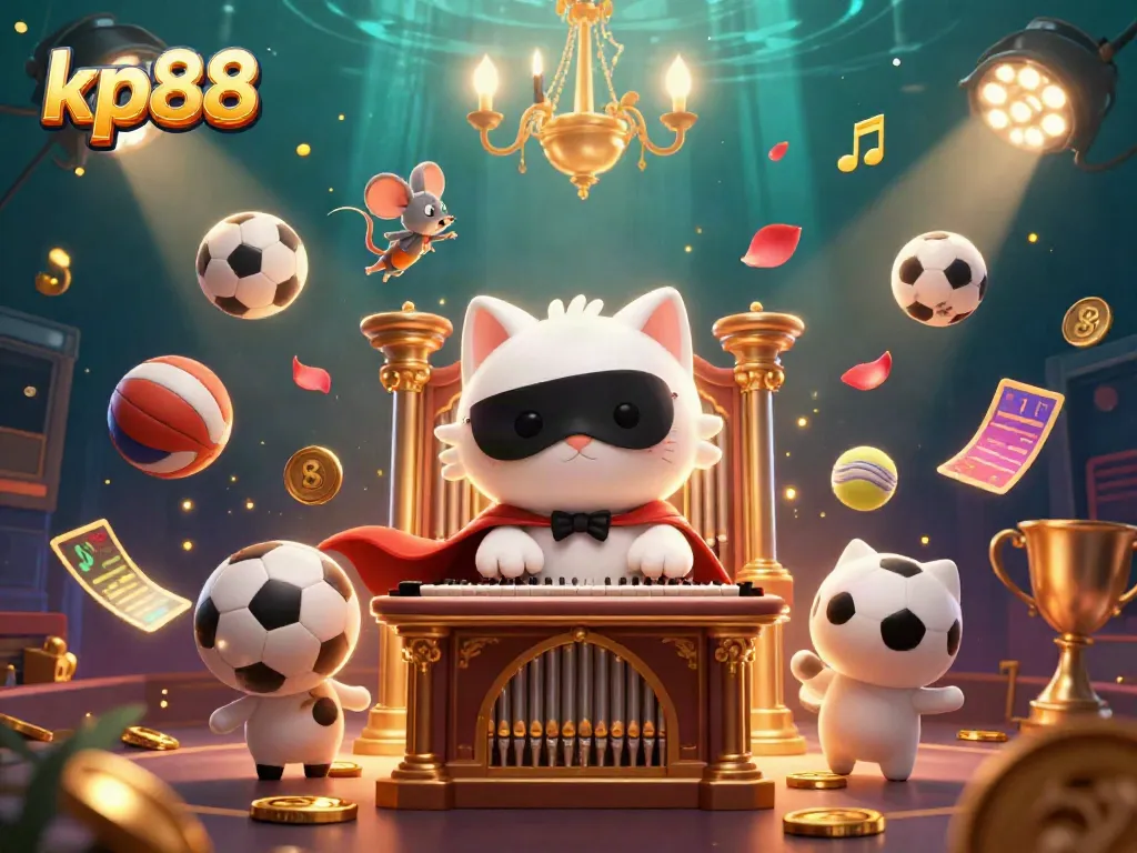 Experience kp88's vibrant casino scene with a whimsical character ensemble and dynamic sports elements.