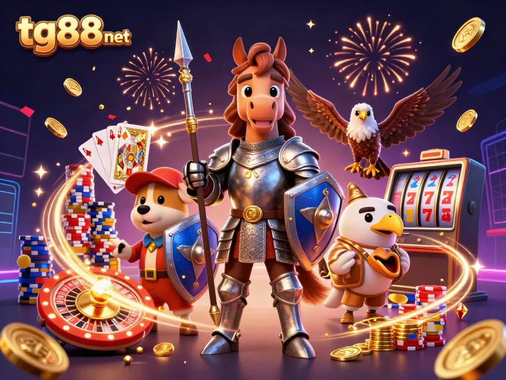 Engage in exciting gaming action with tg88 net, featuring dynamic characters and rich casino elements.