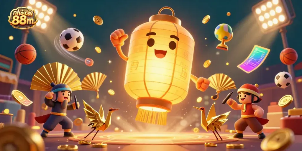 Experience the vibrant world of nhà cái 88m with dynamic sports elements and a magical lantern spirit above a lively casino scene.