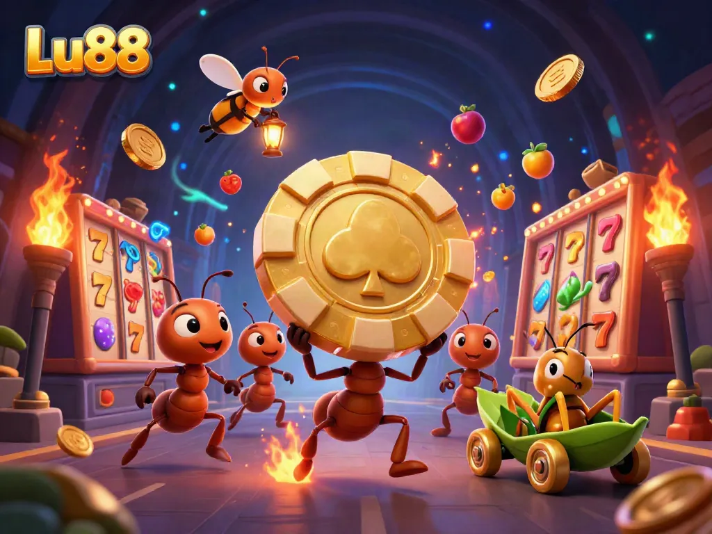 Experience thrilling heists at Lu88 with ants carrying poker chips amidst vivid slot reels and vibrant gaming elements.